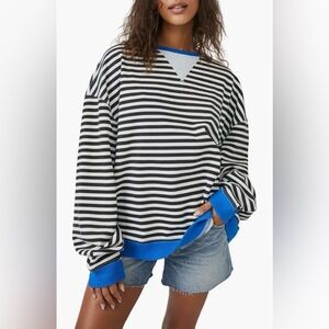 Free People -We the Free Oversized Striped Black & White Crewneck Sweatshirt